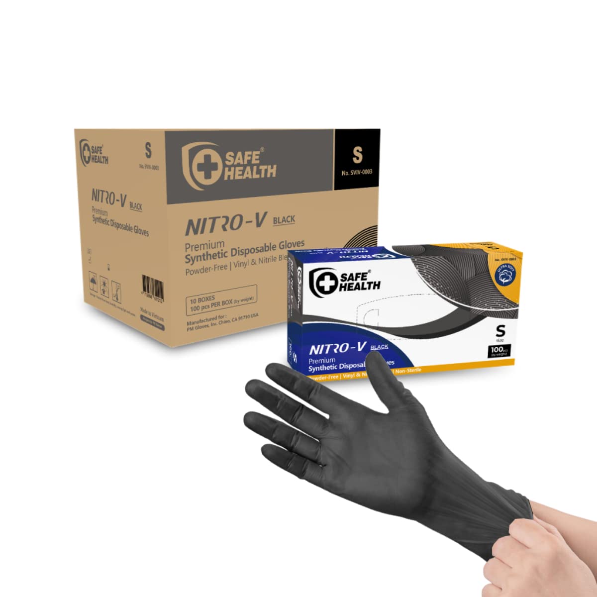 Safe Health NITRO-V Nitile-Vinyl Synthetic Dispoable Gloves, Latex Free, Powder Free, Cleaning, Cooking, Tattoo, Beauty