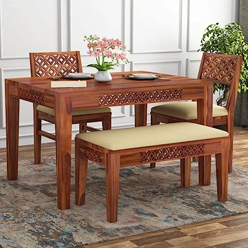 Image of KENDALWOOD Furniture | 1 Year Warranty | Dining Table (34x34) with 2 Chairs 1 Bench | 4 Seater Dining Set | Wooden Dining Table with Chair |Honey Finish with Cream Cushions -DIY(Do-It-Yourself)