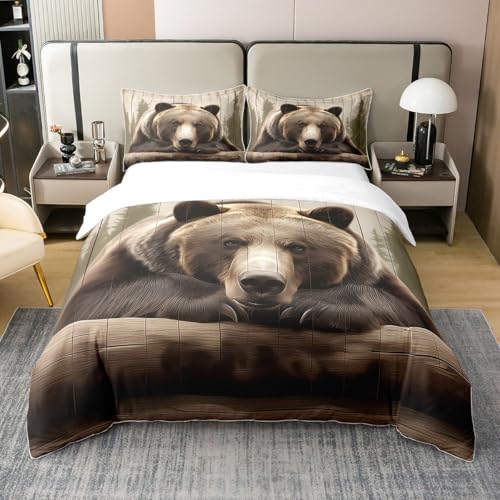 Wild Bear - Juego de ropa de cama 100 % algodón tamaño Super King, funda de edredón ultrasuave de animales naturales de la selva, funda de edredón rústica retro de madera marrón (sin relleno)