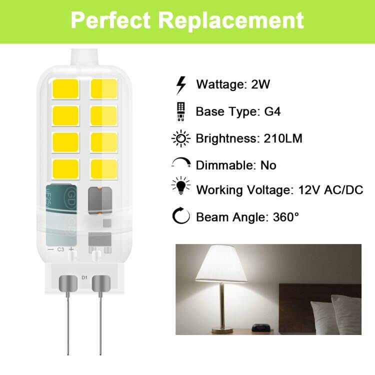 Lampadina LED G4, 2W lampade LED G4 200LM bianco caldo 3000K, Equivalente a 20W Lampada Alogena, AC/DC 12-24V, dimmerabile, senza sfarfallio, confezione da 10