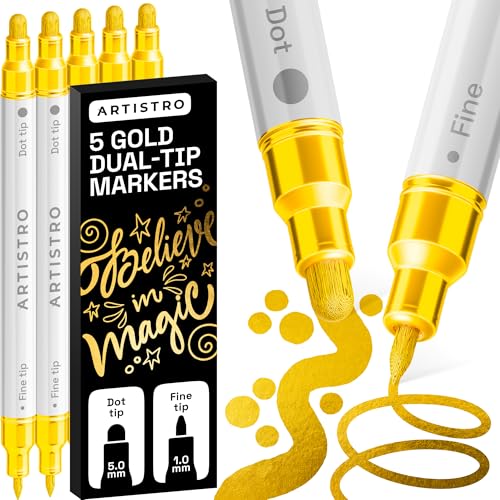 ARTISTRO 5 Gold Dual-Tip Acrylic Paint Markers Paint Pens Set with Dot & Fine Tips for Fabric Rock Glass Wood Coloring Books Arts & Crafts Gift Classroom Must Haves & School Supplies