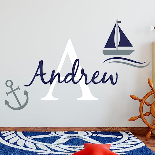Personalized Boat & Anchor Wall Stickers for Baby Girl or Boy I Custom Name & Initial for Nursery Wall Decor I Wall Decal for Child Room Decorations (Wide 20