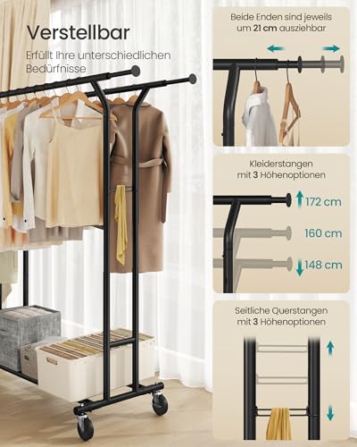 SONGMICS Kleiderständer auf Rollen, Garderobenständer aus Metall, Garderobenstange, Kleiderstange ausziehbar, höhenverstellbar, tintenschwarz HSR012B01