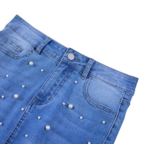 Women's Pearl Waist Knee Length Slim Fit Pencil Elastic Denim Skirt4