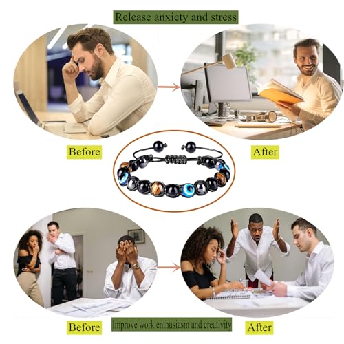 Evil Eye Bracelets for Mens Women,Black Tourmaline Bracelet,Cool Mens Bracelets,Tiger Eye Bracelet for Men,Halloween Gifts for Women/Men/Teacher,Spiritual Gifts Bring Fortune and Good Luck3