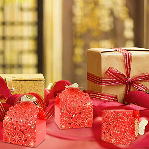 Kslong 50Pcs/Set Flower Butterfly Hollow Candy Box Cookie Gift Boxes Romantic Wedding Favors Cute Chocolate Box For Wedding Bridal Birthday Party Supplies (Red, S) #TOP6