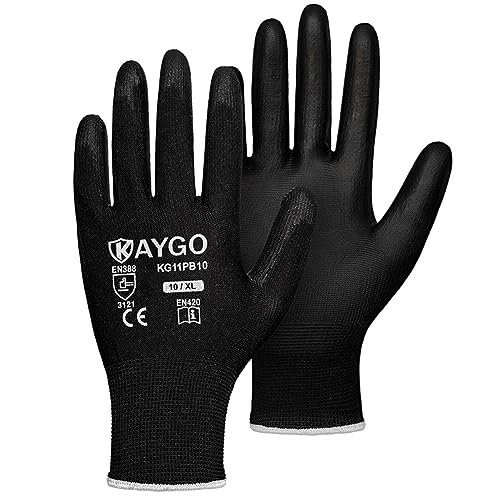 Image of KAYGO Safety Work Gloves for Men Women, PU Coated Palm & Fingers, KG11P | Smooth Grip, Breathable & Lightweight, 13-Gauge Seamless Knit, for Light Warehouse, Manufacturing, Gardening