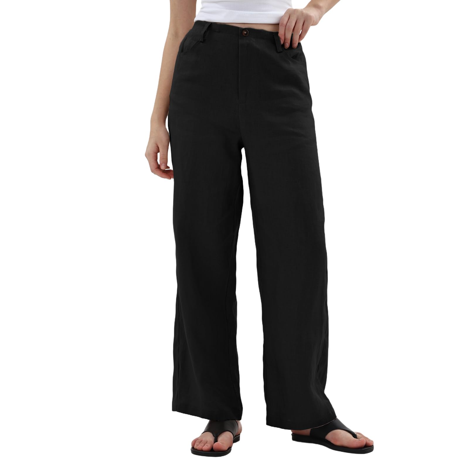 Amazhiyu Pantaloni da donna in puro lino, pantaloni casual da donna con tasche aderenti, pantaloni da salotto per il Regno Unito