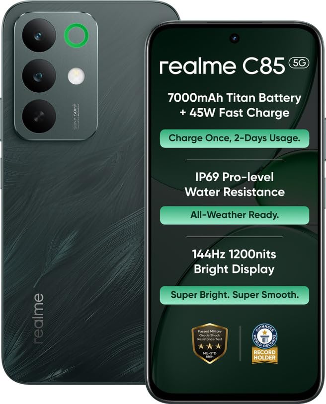 Image of realme C85 5G Smartphone (Peacock Green, 4GB RAM, 128GB Storage) | MediaTek Dimensity 6300 | 7,000mAh Battery | 50MP Rear Camera | 8MP Front Camera | 6.8-inch HD+ Display | Android 16