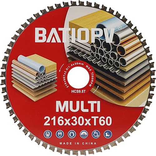 BATIOPV Lame de scie circulaire 216 x 30 mm – Idéale pour le métal (acier doux, fer, aluminium, tubes), le bois et le plastique – 60 dents – Disque compatible...
