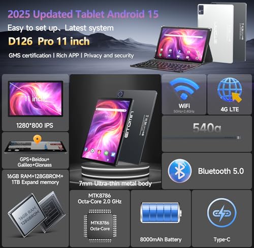 Image of Tablet 11 inch 2025 Android 15 Tablet with Keyboard,128GB ROM 16GB RAM 1TB Expand,Octa-Core Tablets with 5G /2.4G WiFi Model 8000mAh Battery,Incell Big Screen,13MP+8MP Camera,Bluetooth 5.0,GPS