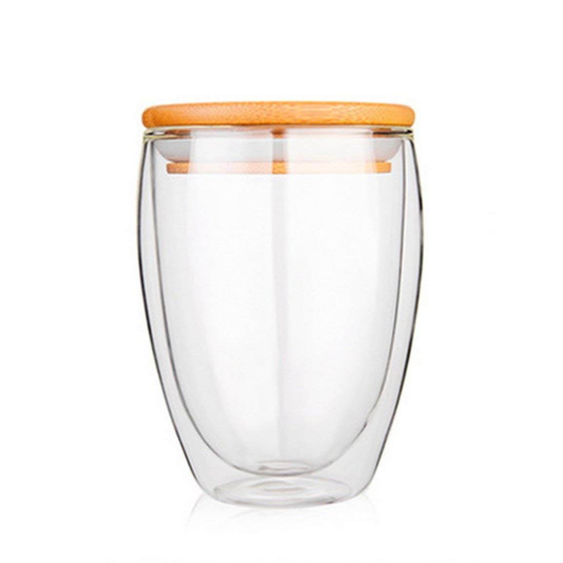 P-PLUS INTERNATIONAL Glass Coffee Mugs, Double Wall Glass Coffee Tea Latte Cups with Bamboo Lid Perfect for Cappuccino, Latte, Macchiato, Tea, Juice, Milk, Iced Beverages (P07-350ml-Pack 1)