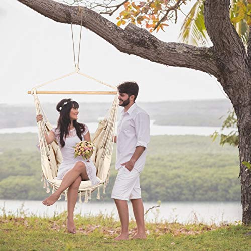 CCTRO Large Hammock Chair | Hanging Rope Swing Seat for Indoor & Outdoor | Soft & Durable Cotton Canvas | 2 Cushions Included with Pocket for Bedroom, Patio, Porch (Beige)