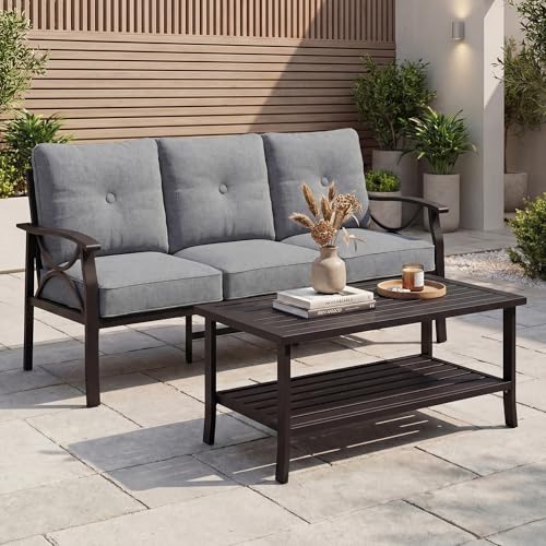 Image of FansaFurn 3 Seats Outdoor Patio Furniture Set, Outdoor Metal Sectional Furniture with Cushions, Outdoor Conversation Set with Coffee Table for Deck, Balcony, Backyard, Garden, Grey