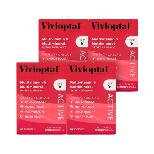 Vivioptal Active, 90 Softgels (1 Year Supply), Ginseng & Omega 3, Multivitamin & Multimineral, Gluten Free, German Formula