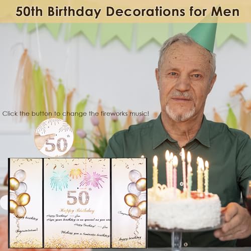 50th Birthday Decorations for Men Women - Sparkling Firework Lights & Music Cheers to 50 Years Guest Book Card, Happy Birthday Decor Party Favors Banner, 50th Gifts Black and Gold Birthday Decoration — view 5