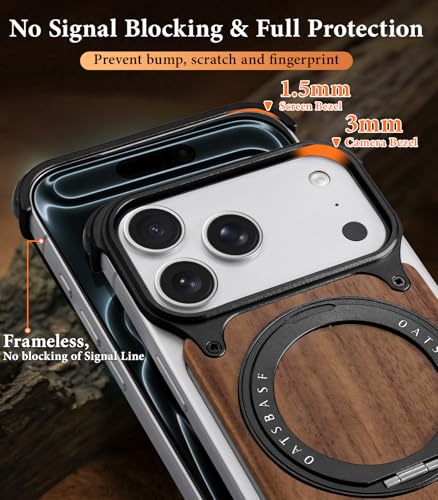 Coque iPhone 17 Pro en bois massif noir avec béquille rotative luxe
