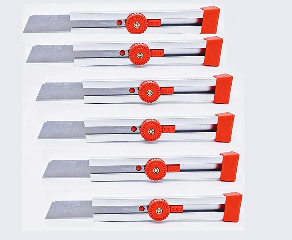 Definite Golu Heavy Duty Unbreakable Aluminum Metal Body Durable Cutter Blade 18 mm for Factory Home Office (Replaceable Blades) (Pack of 6 Cutters)