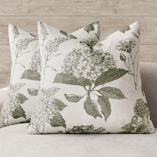 Image of Foindtower Set of 2 Linen Floral Vintage Throw Pillow Covers Neutral Accent Print Decorative Cushion Covers Farmhouse Home Decor for Sofa Chair Couch Bedroom Living Room,18x18 Inch,Sage Green