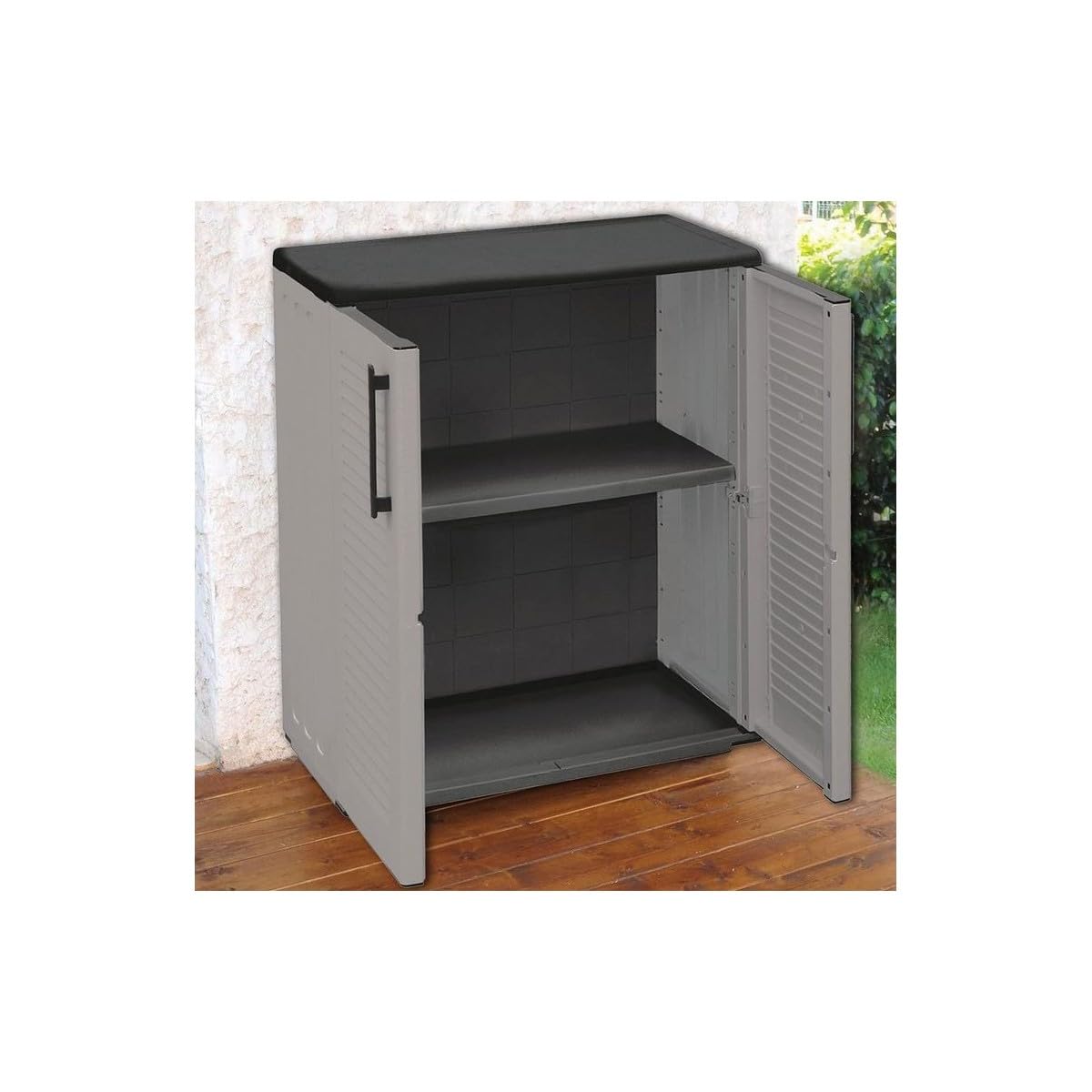 INTEC - Armoire Basse de Rangement 2 Portes Gris Anthracite 68x37x84 cm – Meuble Polypropylène Recyclé pour Garage, Jardin, Buanderie – Résistant Eau & UV