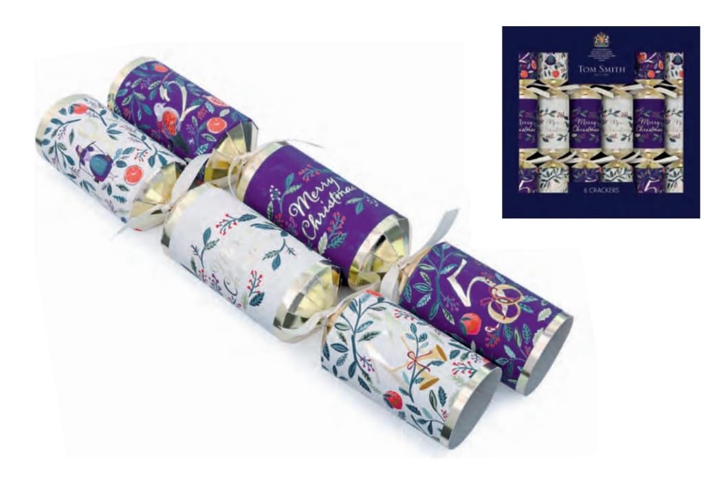 Tom Smith Christmas Crackers Pack 6 - Luxury 12 Days Of Christmas Design - Traditional Xmas Crackers Gifts Hats Mottos & Snaps - Plastic Free Recyclable Eco Friendly