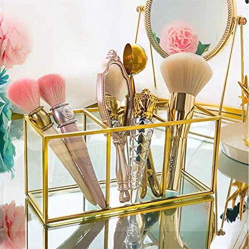 Image of Glass Makeup Brush Organizer with Gold Metal Frame - Cosmetic Brush Holder for Vanity, Dressing Table & Bathroom Counter - Multi Compartment Beauty Storage - 18 x 8 x 10 cm