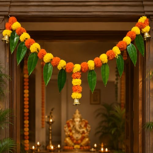 Image of Akaar Decor Artificial Marigold Bandhanwar Door Hanging Toran | Diwali Decoration Items for Home Decor| Festive Decor| Office Decor| -(L:Approx. 3.5ft)-with Mango Leaves Decoration (Multi)