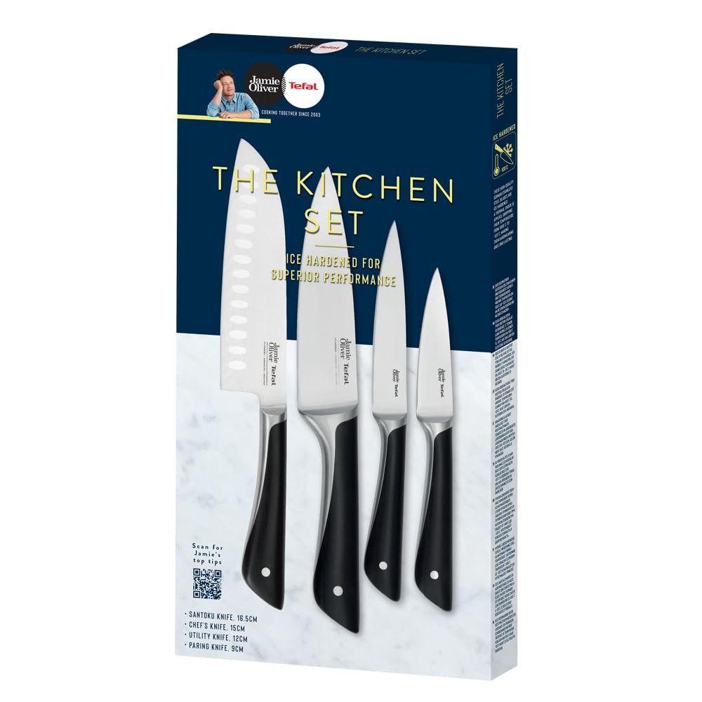Tefal Jamie Oliver K267S456 - Set di 4 coltelli da cucina Santoku Chef Utility, lame affilate in acciaio inox tedesco, resistenti, manici ergonomici, colore nero