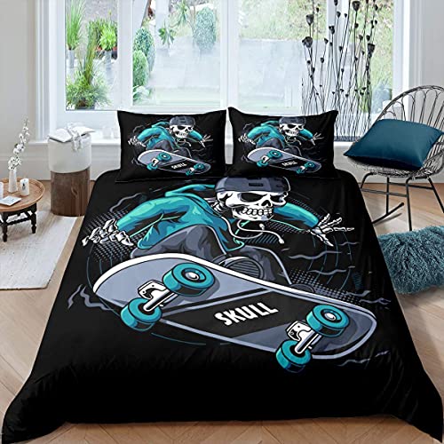 Skateboard Bedding Set King Size Hip Pop Sugar Skull Comforter Cover Skate Board Street Sports Duvet Cover Skeleton Hippie Bedspreads Cover With 2 Pillow Cases Child Room Decor Blue Black