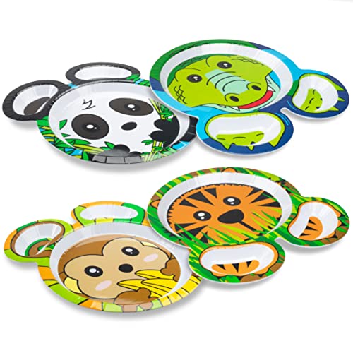 Image of Bentology Zoo Friends Mealtime Melamine Feeding Plates- Set of 4 Different Cute Zoo Animal Pal Dishes for Kids- Panda, Alligator, Tiger & Monkey- Divided Compartments, BPA Free- Gift for Toddlers