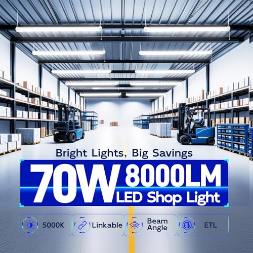 Image of hykolity 4FT 70W LED Shop Light Linkable, 8000LM(300w Equivalent) | 5000K Utility Shop Lights for Garages,Workshops,Hanging or FlushMount, with Power Cord and Pull Chain,ETL,White,2 Pack