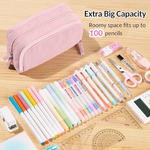 Image of Sooez Big Capacity Pencil Case Pen Pouch, Soft Corduroy Pencil Bag with 3 Compartment, Multiple Pockets, Sturdy Zipper, Cute School Supplies Pen Bag Organizer For Teen Girls College, Pink