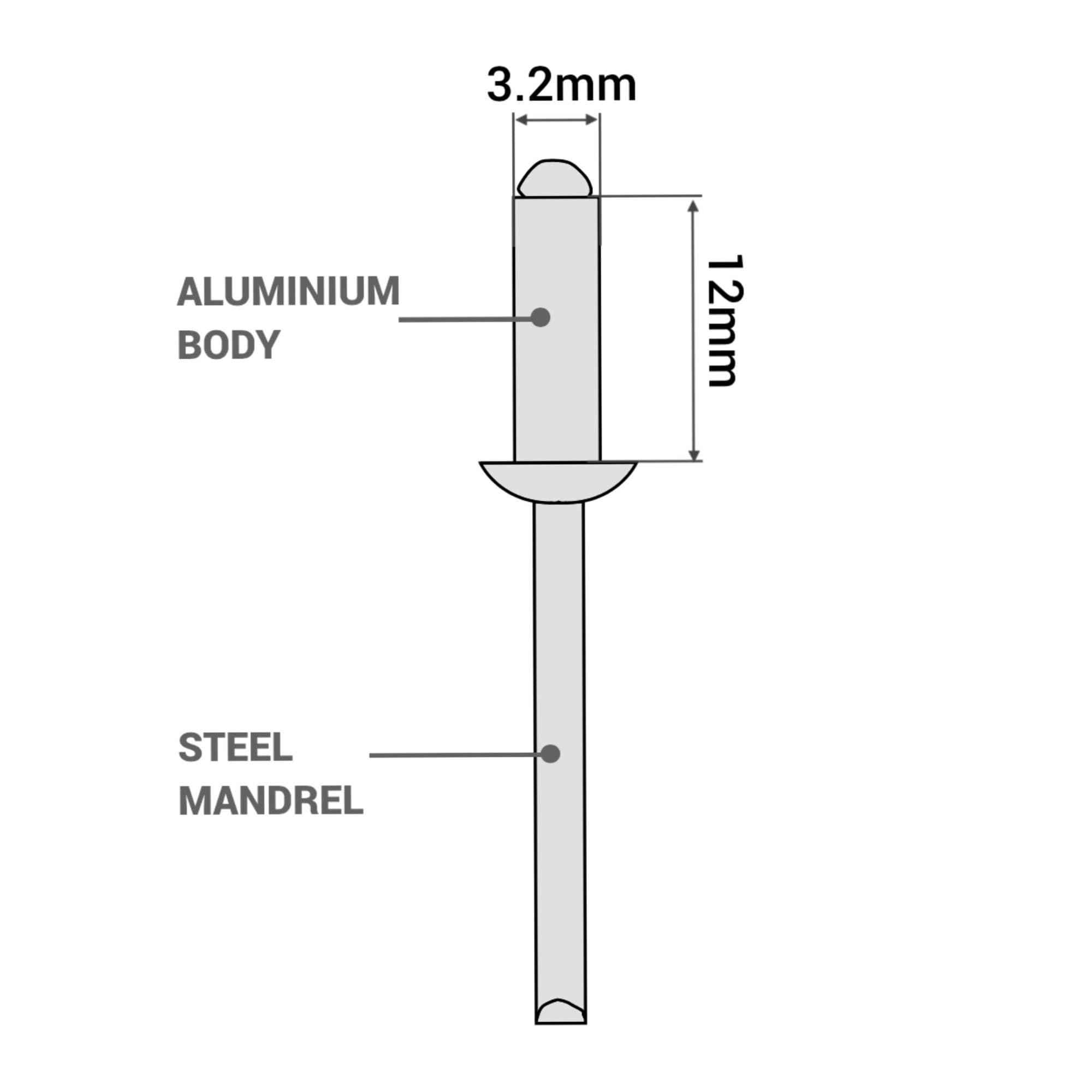 SKIR'CO Blindnieten 3,2x12mm - 100 Stück Aluminium Mit Stahldorn, Reinweiß RAL 9010