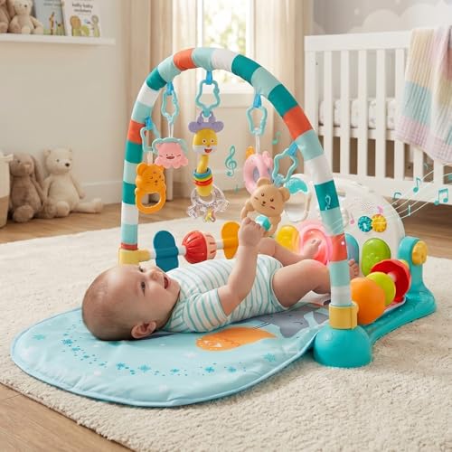 Image of StarAndDaisy Baby Play Gym mat, Kick & Play Gym mat with Adjustable Piano for Baby, Infants & Toddler Gym /Play mat with Hanging rattles /Play Toys Music & Light - Blue