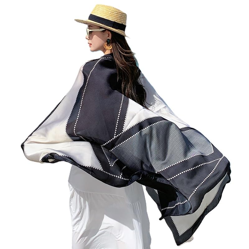 Image of Alexvyan Satin Silk Summer Scarves 170 x 84 cm, Black & Grey Colour with Stitched Border, Lightweight Fashion Scarf for Women Sun Protection Stole