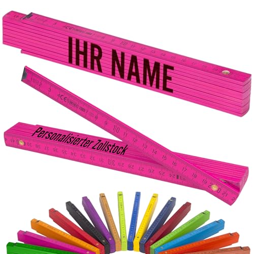 Metrie Zollstock - PERSONALISIERT Gliedermaßstab | Meterstab Maßstab - 2m - Lebhaft Pink - Duplex Teilung Hergestellt in der EU Druck mit Namen Wunsch-Text für Handwerker | BLOCK 52-1 Stück