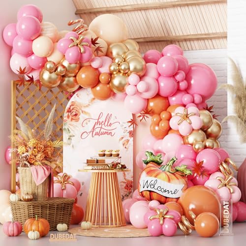 Fall Balloons Garland Arch Kit, 142Pcs Orange Pink Hotpink Nude Gold Balloons with Pumpkin Mylar Balloon for Hello A Little Pumpkin Baby Shower Autumn Birthday