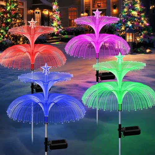 Luces solares de jardín impermeables, paquete de 4 luces solares de medusas, 7 luces solares de fibra óptica que cambian de color, regalos de jardinería para mamá, abuela, mujeres, luces solares de