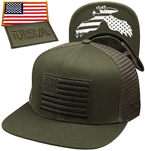 Image of Antourage American Flag Unisex Baseball Hat for Men and Women | USA Flag Mesh Snapback Flat Visor Cap + 2 Patriotic Patches