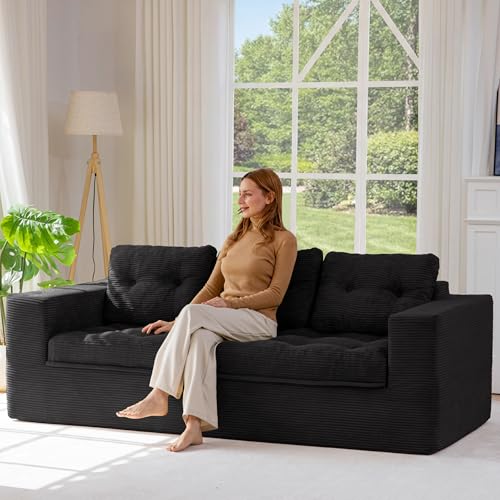 Image of MAXYOYO 79 inch Loveseat Sofa Couch for Small Spaces, Upholstered Boneless Cloud Couch for Apartment Bedroom, 2-Seater Love Seat Floor Modern Sofa with Pillows, No Assembly Required, Black