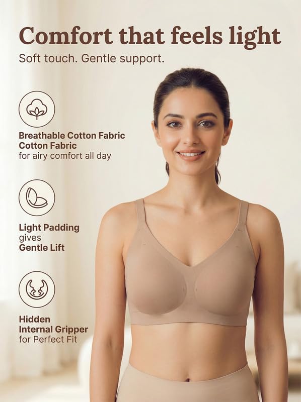 Image of Tweens Cotton Padded Bonded Bra for Women | Full Coverage Wire-Free Bra | Seamless No-Dig Comfort | Breathable Cotton | Elastic-Free Bottom Band & Side Wings | Pack of 1|