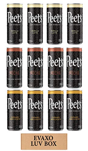 LUV BOX - Variety Peet's Iced Espresso 8 oz Cans Pack of 12,Caramel Macchiato,Mocha,Vanilla Latte,