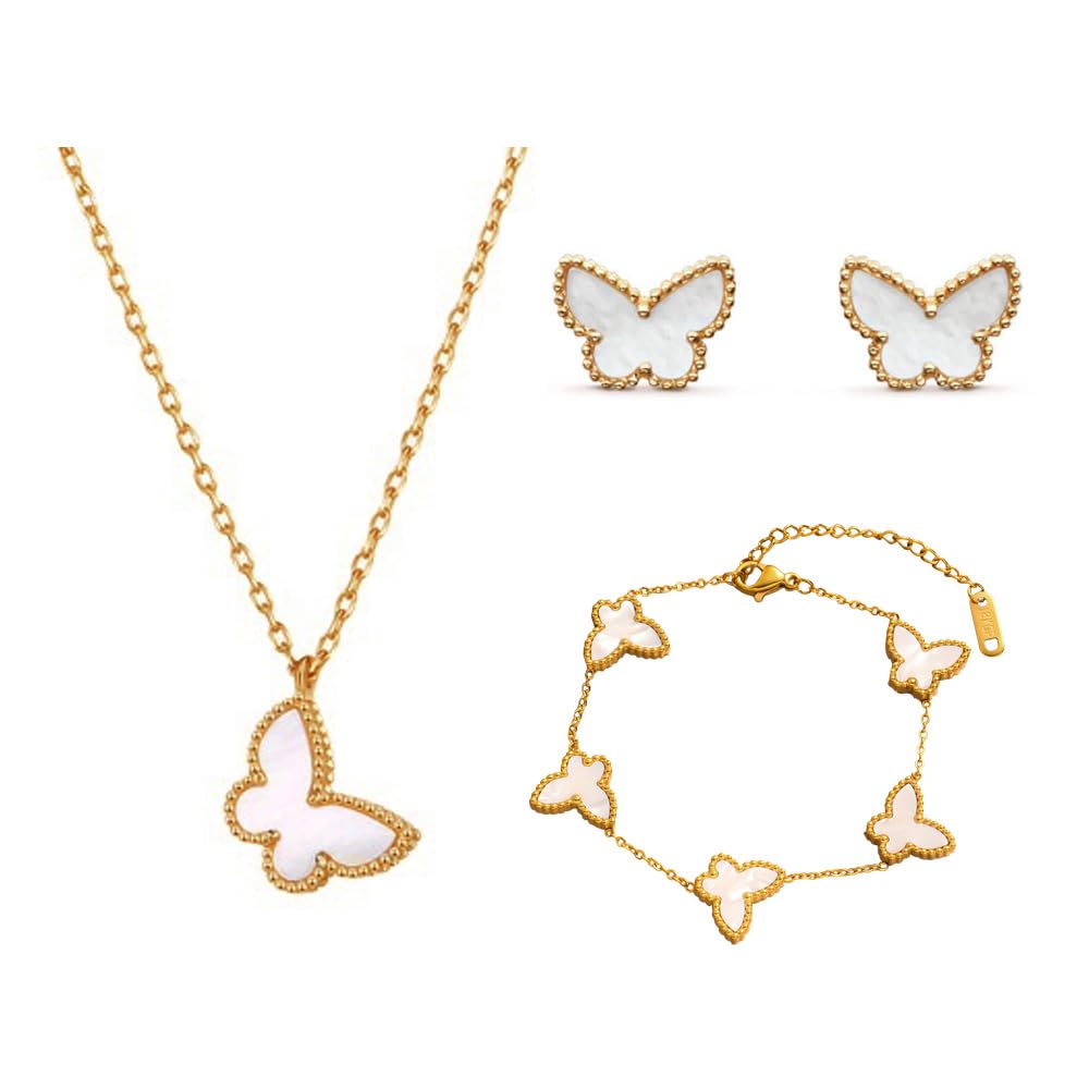 RPAEOY Conjuntos de Joyas para Mujer y Niñas Mariposa Acero Inoxidable Chapado en Oro de 18 Quilates Colgante Collar Pendientes Pulsera Fiesta Boda Nupcial Dama de Honor