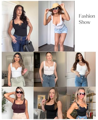 Popilush Bodysuits for Women Tummy Control Henley Going Out Outfits Shirts Body Suits Thong Button Down Tank Tops2