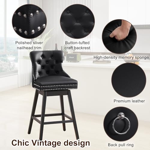 Fahomiss Swivel Bar Stool with Back, Faux Leather Counter Height Bar Stools, Upholstered Tufted Counter Height Chairs, Solid Wood Legs (Black, 26" H Seat, Set of 1)