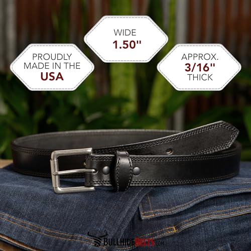 Bullhide Belts Mens Leather Belt for Work, Casual, Dress, 1.50" Wide, Black, 42"2