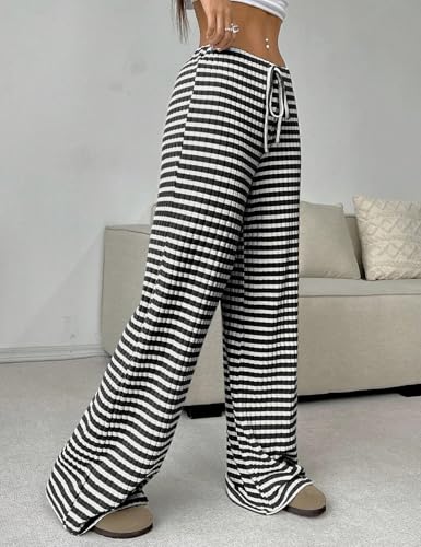 Yimoon Women's Striped Pants Wide Leg Pants Y2K Casual Drawstring Lounge Pants Elastic Waist Knit Baggy Sweatpants3