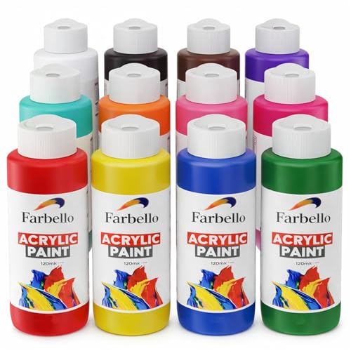 Farbello Acrylfarben Set 12x120 ml – Hochpigmentierte Acrylfarbe, Wasserbasiert & Wasserfest – Große Künstlerfarben für Leinwand, Holz, Stoff & Stein (12 Farben)