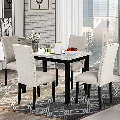 5-Piece Dining Table Set, Rectangular Dining Table with 4 Thicken Cushion Dining Chairs, Faux Marble Dining Room Table Set, White/Beige