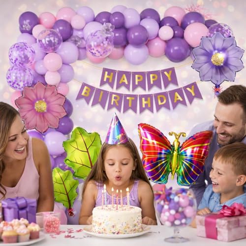Image of Set of 56 Pcs Butterfly Theme Birthday Decoration Kit with Purple Happy Birthday Paper Banner, Pastel & Confetti Balloons, Butterfly, Flower & Leaf Foil Balloons, Party Decoration Set